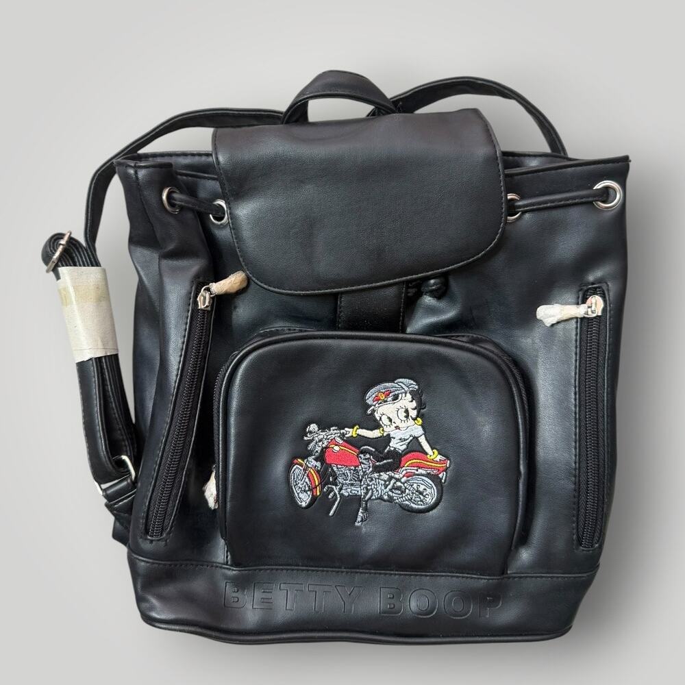 Vintage 2001 Betty Boop Motorcycle Black Faux Leather Backpack Embroidered Bag